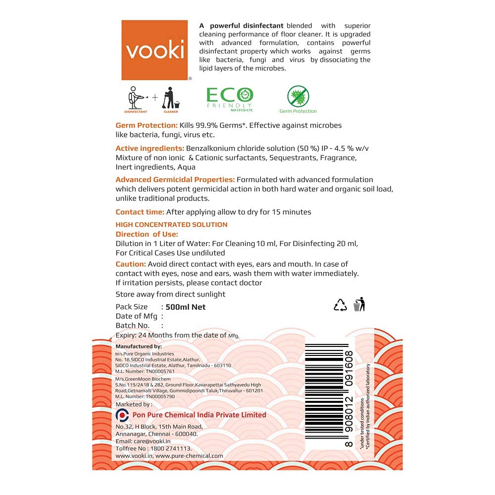 Vooki Ecofriendly Multipurpose Floor & Hard Surface Disinfectant Cleaner, Green Chemistry - 500 ml Each (Pack of 2)