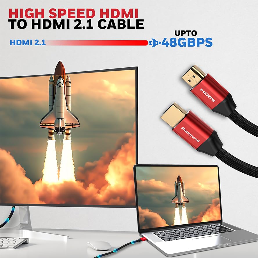 Honeywell HDMI Cable 2.1 with Ethernet, 8k@60Hz, 4k@120Hz UHD Resolution, 1 Mtr(3.3ft), 48 GBPS Transmission Ultra High Speed, Dolby DTS, eARC, 3D,Male-to-Male,Compatible with all HDMI-Enabled Devices