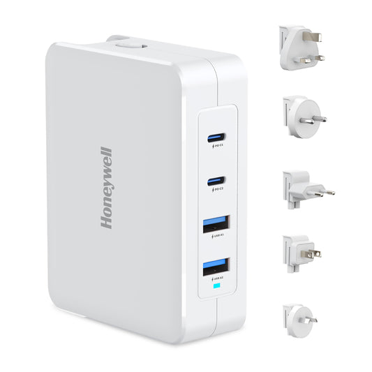 Honeywell Zest Charger GaN 140W,Ultra-Fast Wall Charger with PPS Support,2xType C PD 3.0 Ports & 2xUSB A Port,BIS Certified,Equipped with Switchable Plugs,Compatible with iPhone,Galaxy,Laptops