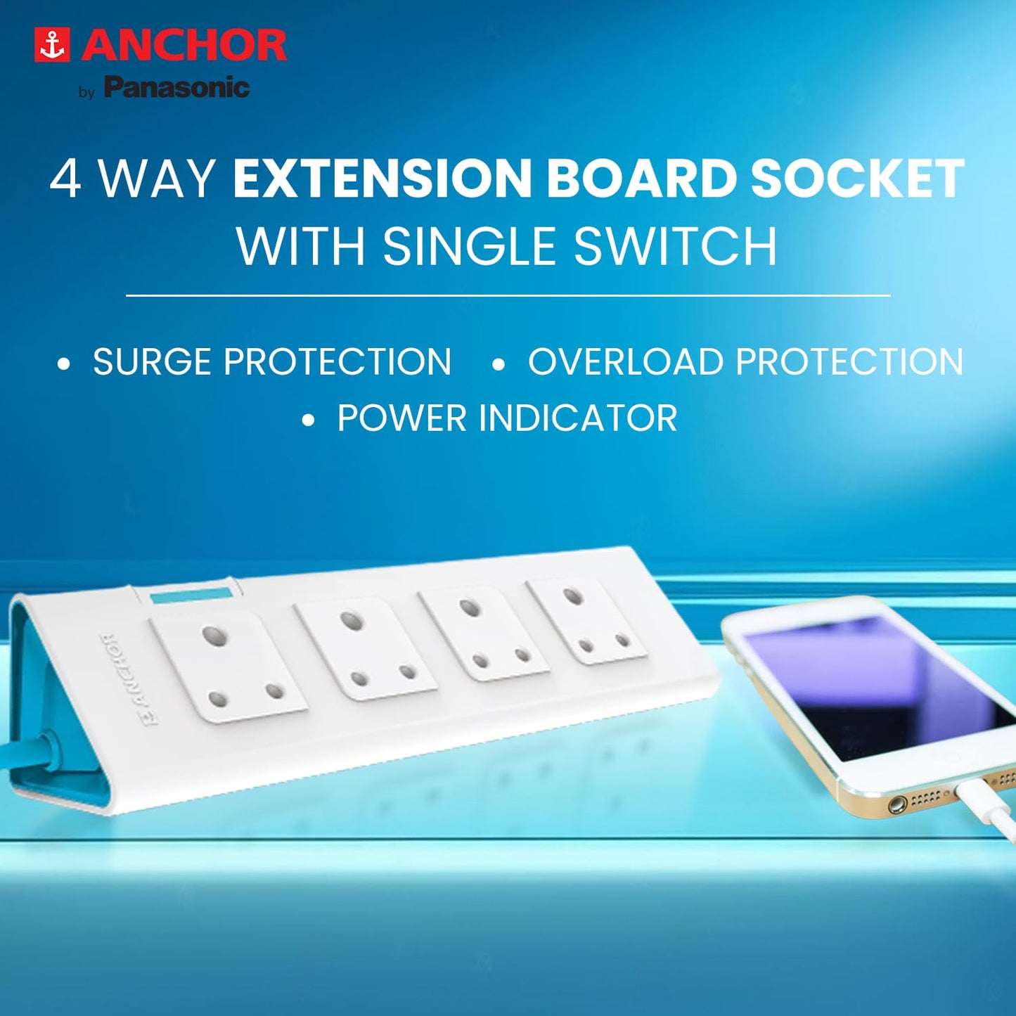 Anchor by Panasonic 4 way Extension Board Socket with Single Switch | 4 Way Socket with 1.5 Mtr Extension Cord | Multi Plug Socket for Home Wall, Office (22061)