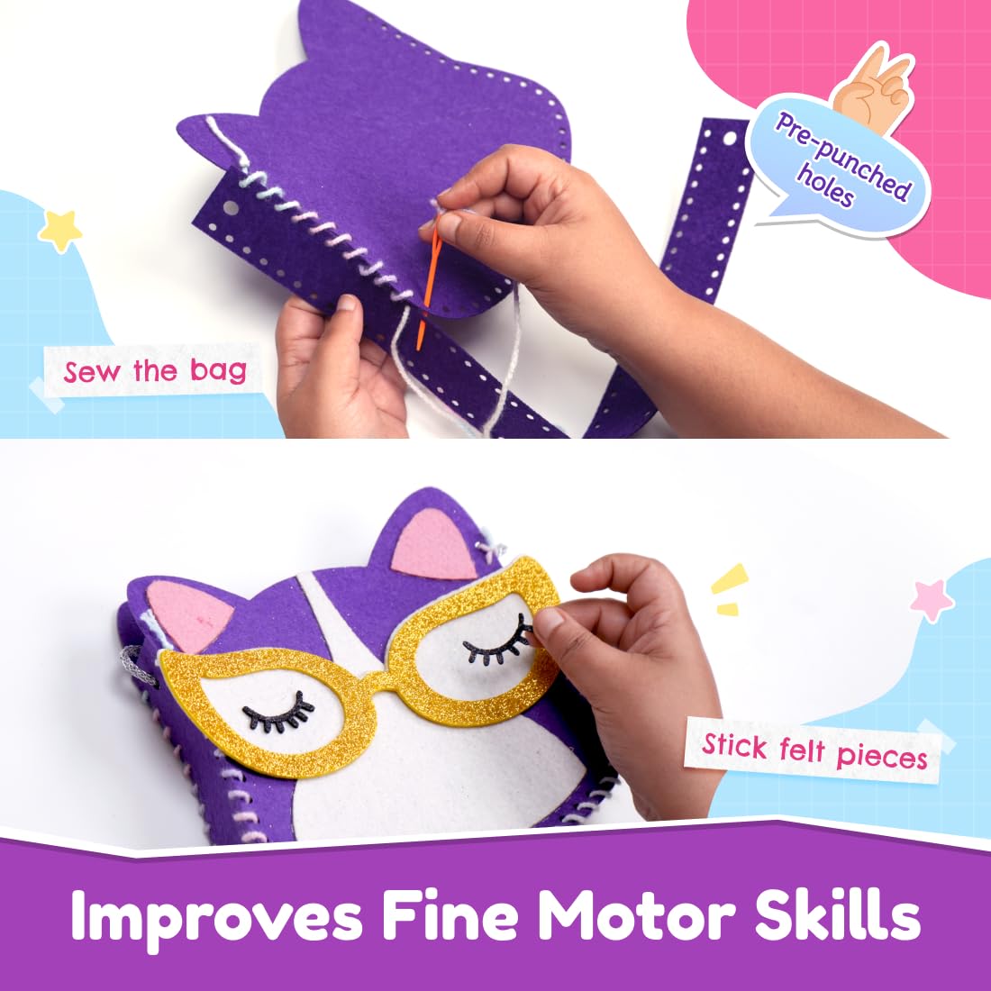 Bloomingo Art & Craft Kit - Kitty Sling Bag: Fun Mess Free Arts & Craft Kit for Kids; Design Your Own Cute DIY Craft Bag; Birthday Gift for Girls and Boys of Ages 4, 5, 6, 7, 8, 9, 10, 11, 12