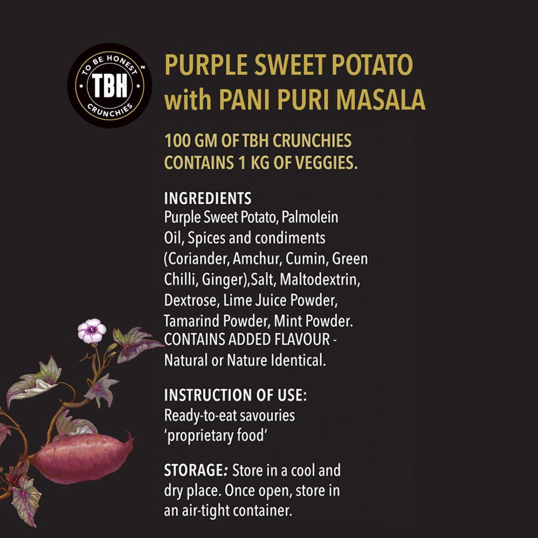 TBH - To Be Honest Vegetable Chips | Purple Sweet Potato with Pani Puri Masala |Gluten Free|High Fibre |Vegan Friendly | Low Fat | 50% Less Oil | No Preservatives Snack - Pack of 3 (75 gm * 3)