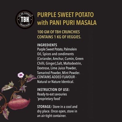 TBH - To Be Honest Vegetable Chips | Purple Sweet Potato with Pani Puri Masala |Gluten Free|High Fibre |Vegan Friendly | Low Fat | 50% Less Oil | No Preservatives Snack - Pack of 3 (75 gm * 3)