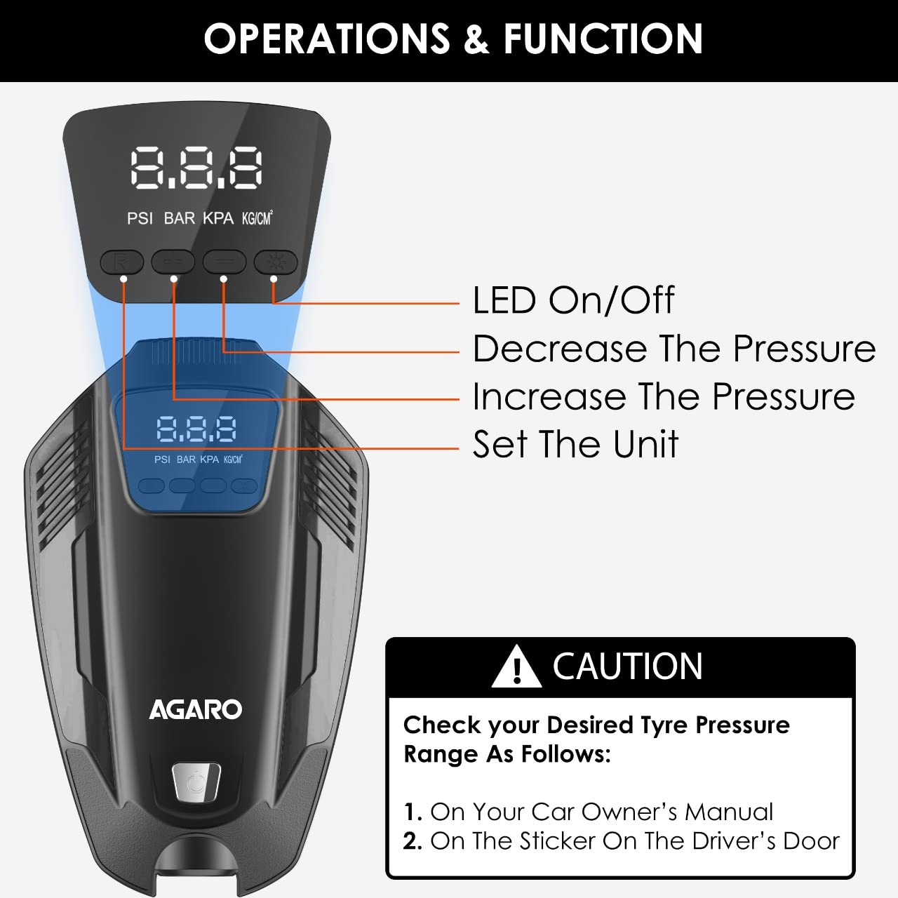 AGARO Primo High Power Digital Tyre Inflator for Car & Bike, Air Inflator Car Accessories, 120 Watt Air Pump with 12V Car Plug, upto 150 Psi, Emergency LED Light, Compact & Portable Air Compressor