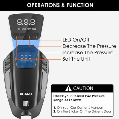 AGARO Primo High Power Digital Tyre Inflator for Car & Bike, Air Inflator Car Accessories, 120 Watt Air Pump with 12V Car Plug, upto 150 Psi, Emergency LED Light, Compact & Portable Air Compressor