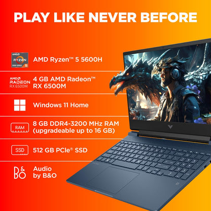 HP Victus Gaming Laptop, AMD Ryzen 5 5600H, AMD 4GB Radeon RX 6500M Graphics, 15.6-inch (39.6 cm), FHD, IPS, 8GB DDR4, 512GB SSD, Backlit KB, B&O (Win 11, Blue, 2.29 kg), fb0147AX