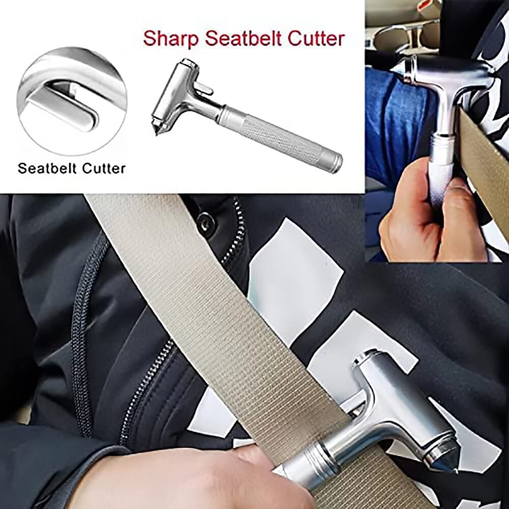 Store2508 Premium Car Glass Breaker with Seat Belt Cutter Automotive Safety Hammer Emergency Escape Tool Car Auto Accessory Metal Window Hammer Vehicle Hard Aluminium Alloy Head (Silver Pack of 1)