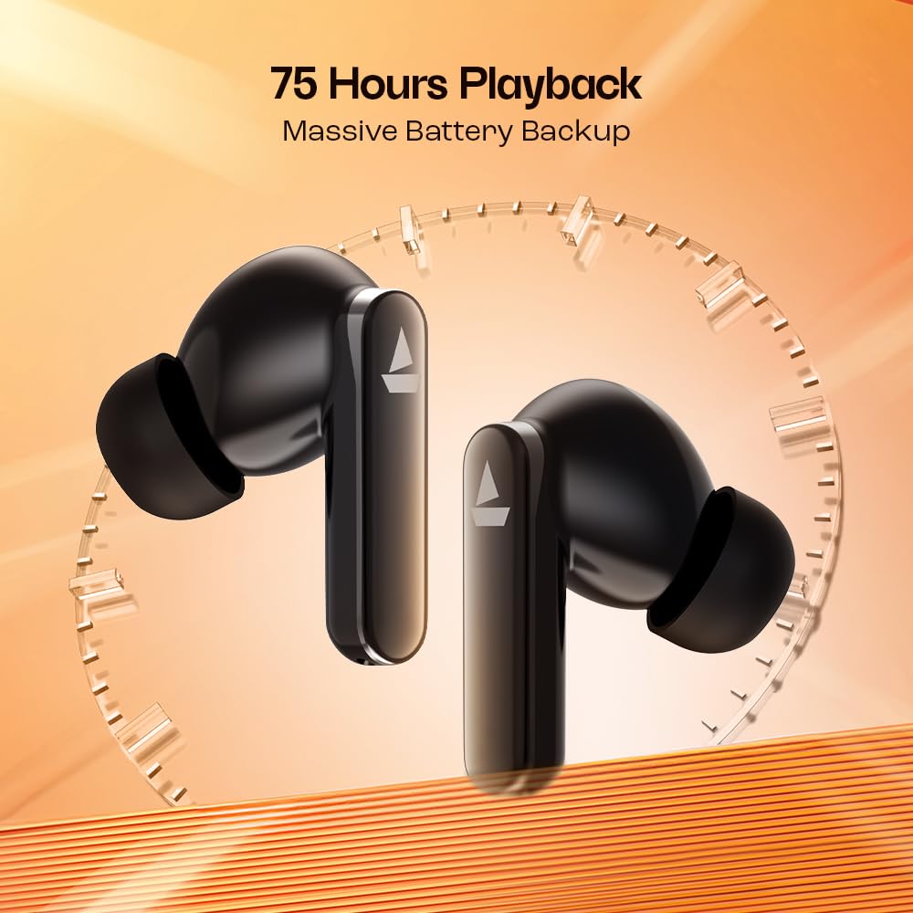 boAt Airdopes 301 TWS Earbuds w/ 75 hrs Playtime, Quad Mics with ENx, ASAP Charge, IWP Tech, Beast Mode with 50ms Low Latency, 10mm Drivers, Bluetooth v5.3 & IPX5 Resistance(Midnight Shadow)