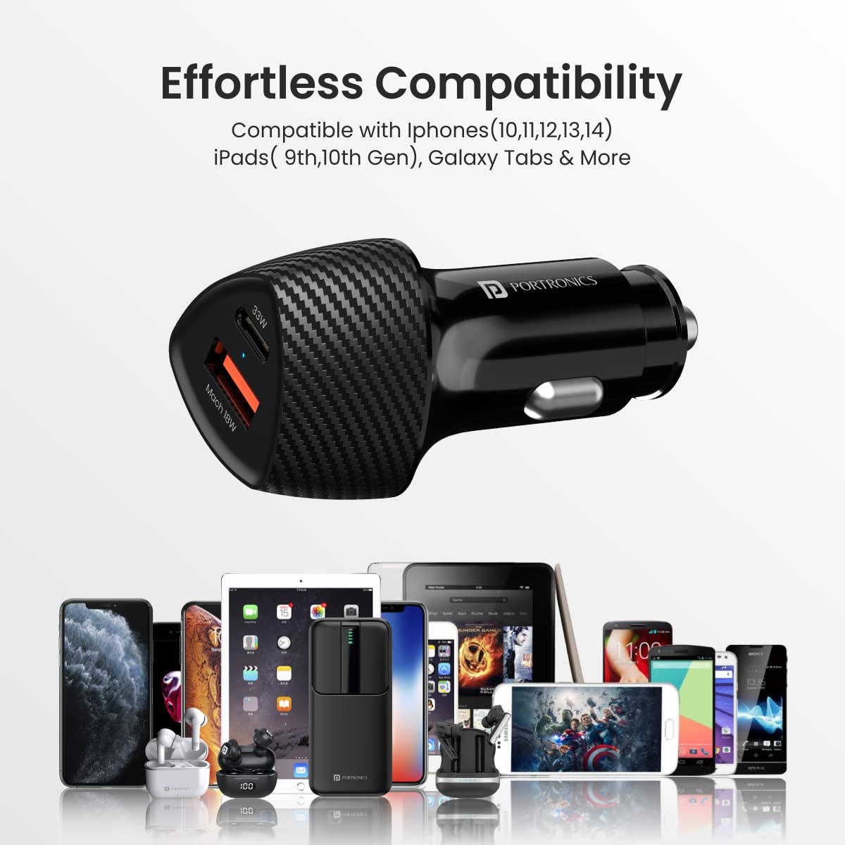 Portronics 51W Car Power 16 Fast Car Charger with Dual Output, 51 Watts Total (18W USB + 33W Type C PD), Fast Charging, Adapter for iPhone & Android Smartphones and Tablets (Black)