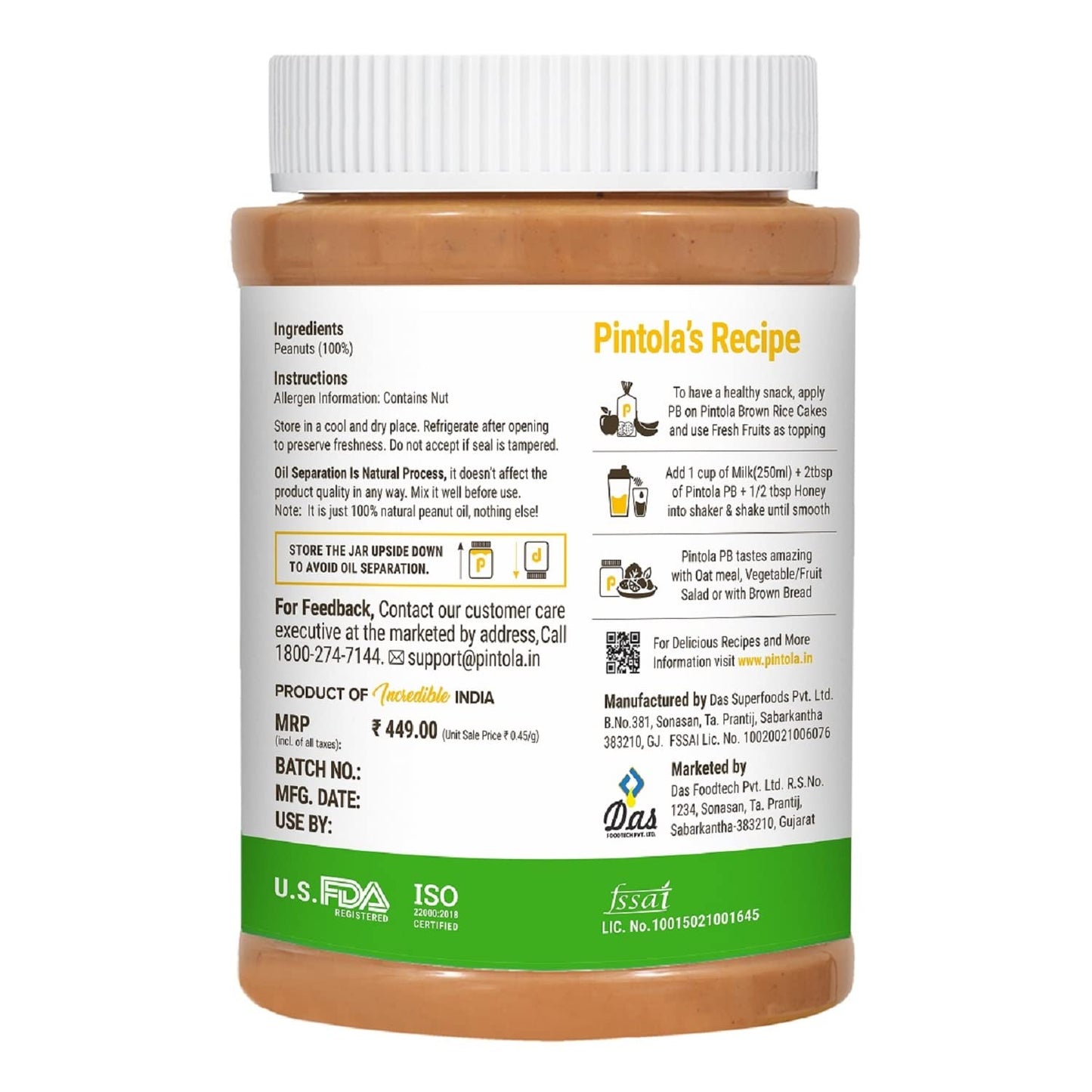 Pintola All Natural Peanut Butter Creamy 1kg | Smooth | Unsweetened | 30g Protein | Gluten & Cholesterol Free, Vegan Peanut Butter, Nut Butter, High in Protein Spread, 100% Pure Roasted peanuts butter