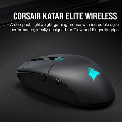 Corsair Katar Elite Wireless Gaming Mouse - Ultra Lightweight, Marksman 26,000 DPI Optical Sensor, Sub-1ms Slipstream Wireless Connection, Up to 110 Hours of Rechargeable Battery Life - Black