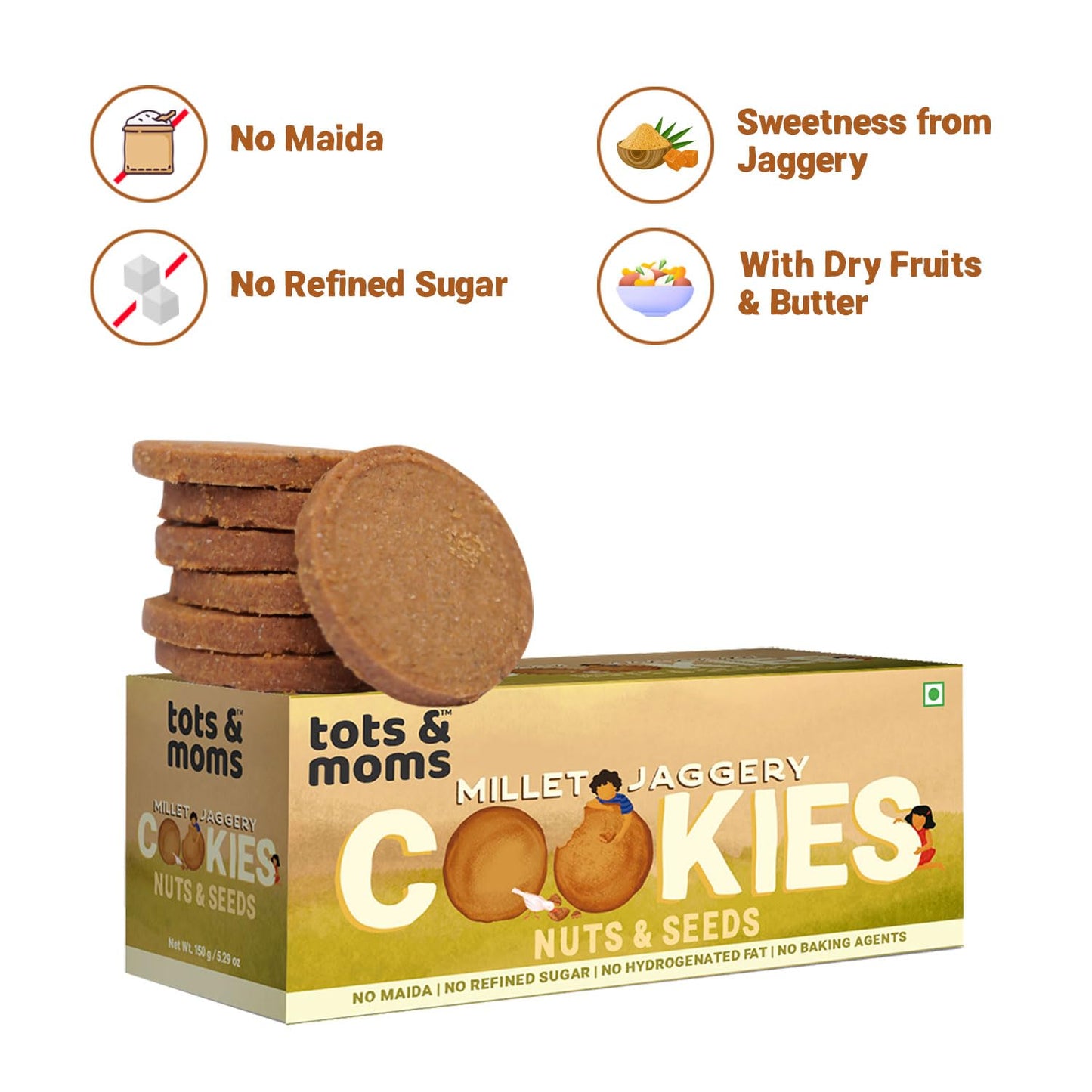 Tots & Moms NO Maida NO Sugar - Nuts & Seeds Cookies | Millet & Jaggery Biscuits for kids | Made with Multi Millets, Nuts, Seeds, Butter & Jaggery | 150g