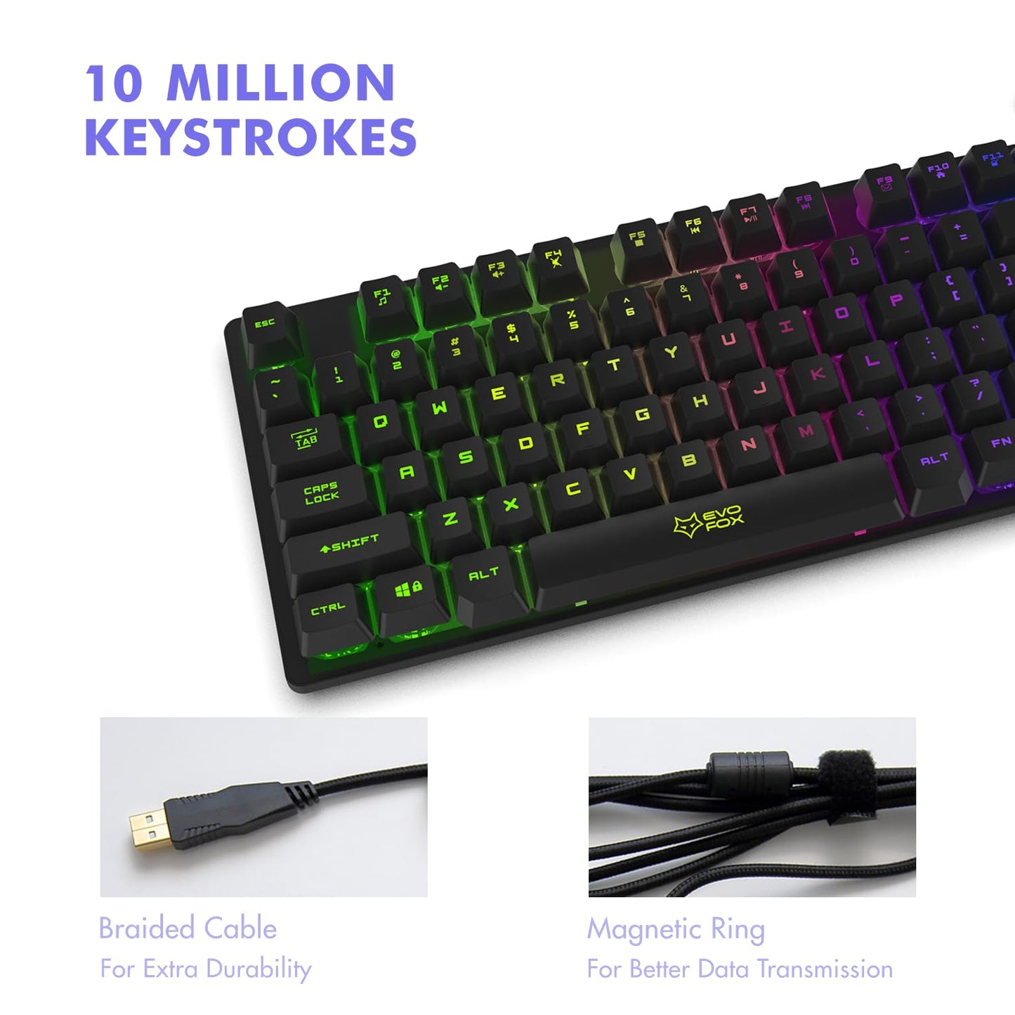 EvoFox Fireblade Wired TKL Gaming Keyboard with Breathing Effect |Backlit Keyboard Membrane, Mixed Color Lighting, Floating Keycaps, 19 Anti-Ghosting Keys, Windows Lock Key, Braided Cable (Black)