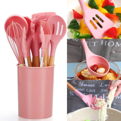 Klick n shop Silicone Kitchen Spatula and Utensils Spoon Set Cooking + Baking Set- 12 Pcs Non-Stick with Wooden Handle-BPA Free, Heat Resistant Item, Flexible Non Toxic Silicon Cookware Tools (Pink)