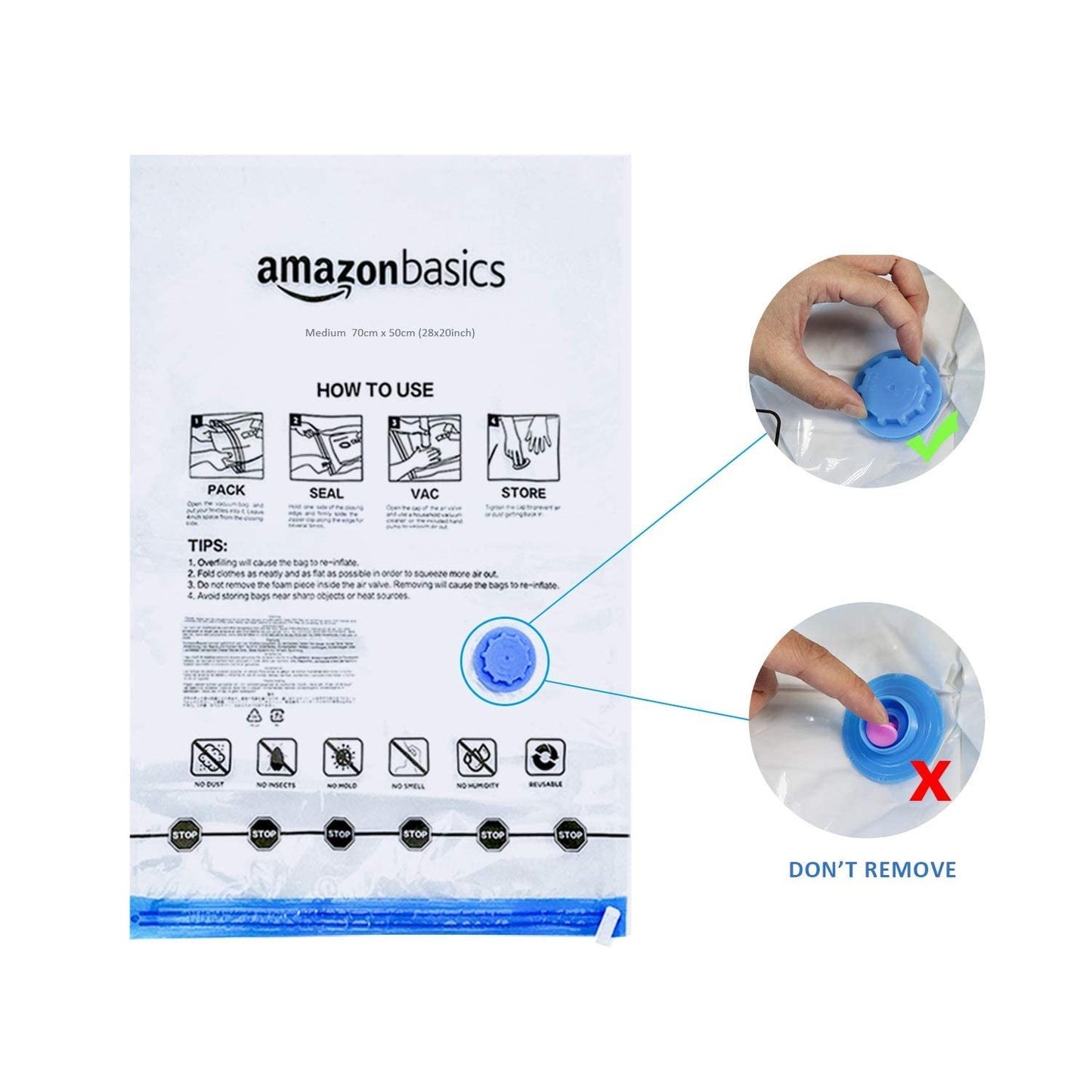 amazon basics Vacuum Compression Storage Bags With Hand Pump-12-Pack(3 Jumbo,3 Large,3 Medium,3 Small),Plastic,White