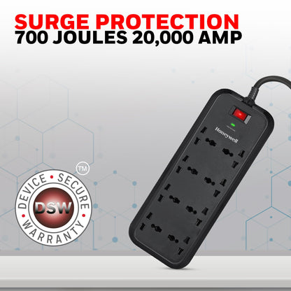 Honeywell Surge Protector, 8 Universal Sockets,20000Amp, 2 Meter Cord, Device Secure Warranty,Automatic Overload Protection,Spike Guard/Extension Board,Master Switch,3Year Manufacturer Warranty