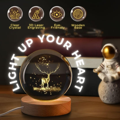 Rylan 3D Deer Crystal Globe Lamp Creative Engraved Crystal Ball Night Light USB Table LED Wooden Crystal Ball for Home Office Decoration Birthday Gift Adults (Deer 6cm)(Warm White)