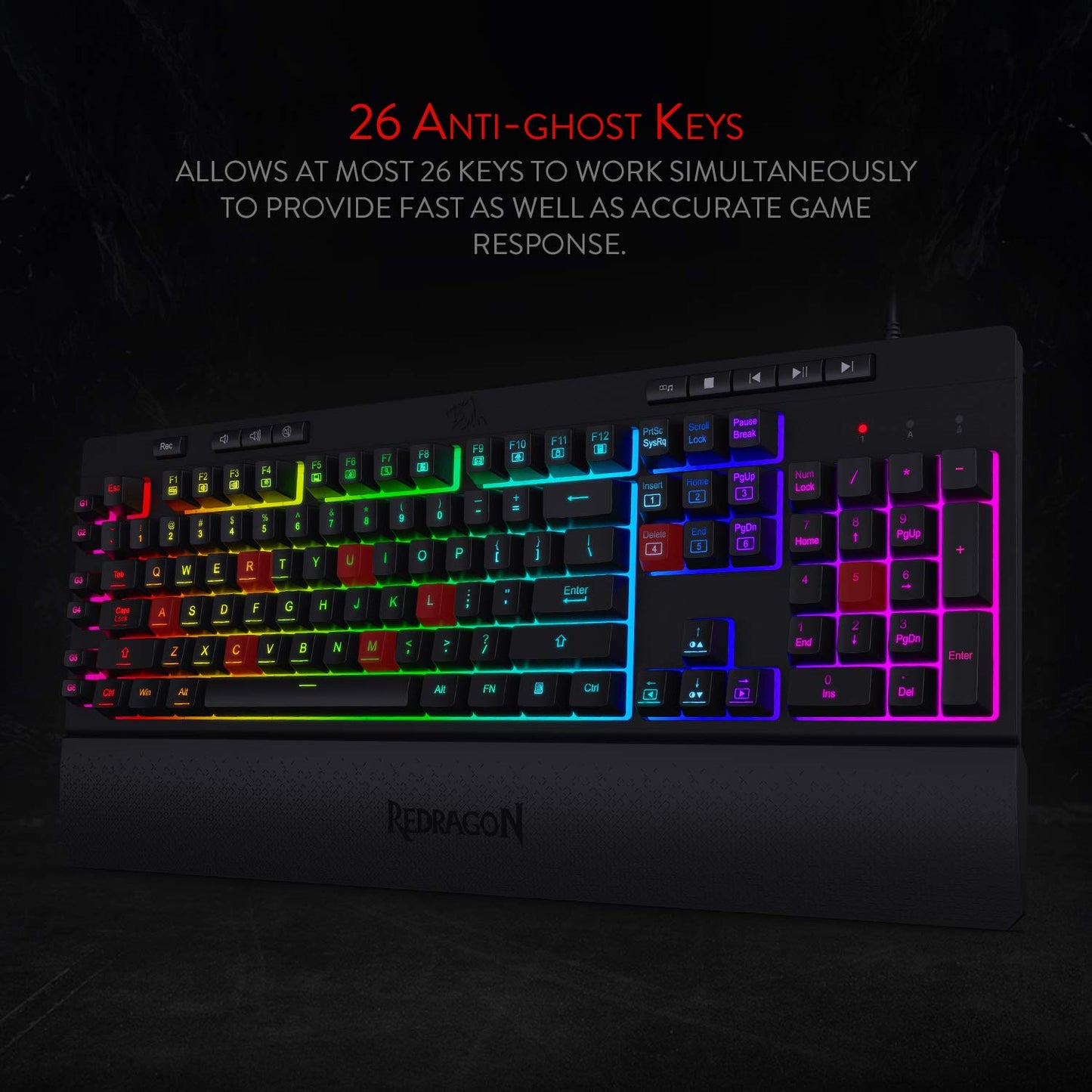 Redragon Shiva K512 RGB Backlit Membrane Wired Gaming Keyboard with Multimedia Keys, 6 Extra On-Board Macro Keys, Dedicated Media Control, Detachable Wrist Rest- Black