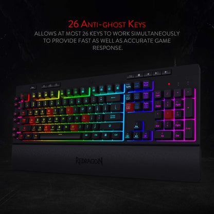 Redragon Shiva K512 RGB Backlit Membrane Wired Gaming Keyboard with Multimedia Keys, 6 Extra On-Board Macro Keys, Dedicated Media Control, Detachable Wrist Rest- Black