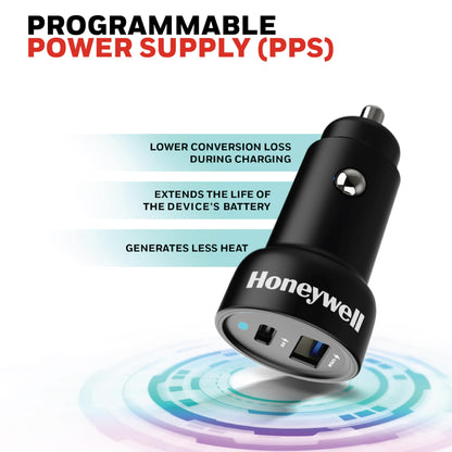 Honeywell Micro CLA 63W PD Smart Car Charger, 45W Type C PD & 18W USB A Port, Ultra-Fast Charging, Compatible with All Car for iPhone, Smartphones, Tablets & Smartwatch, 3 Years Manufacturer Warranty