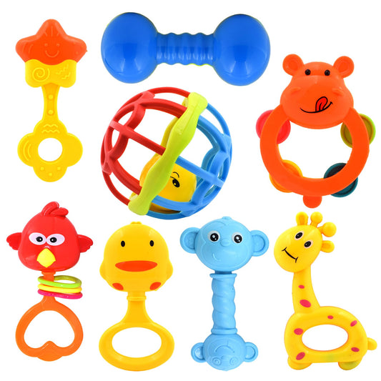 WISHKEY Colorful Attractive Plastic Non Toxic Set of 8 Shake & Grab Rattle BPA Free for New Born and Infants (Pack of 8, Multicolor)