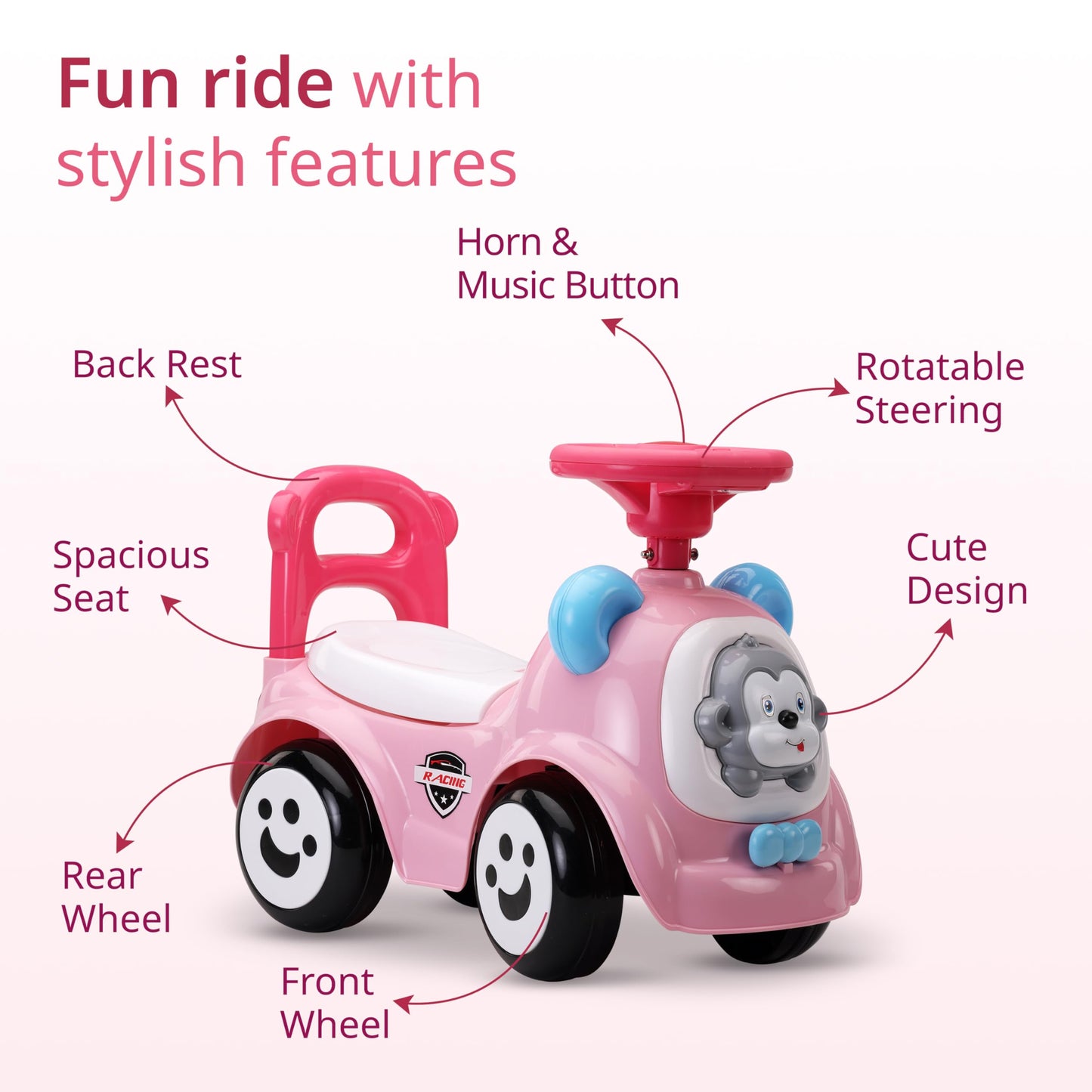 LuvLap Sunny Ride on & Car for Kids with Music & Horn Steering, Push Car for Baby with Backrest, Safety Guard, Under Seat Storage & Big Wheels, Ride on for Kids 1 to 3 Years Upto 25 Kgs (Pink)