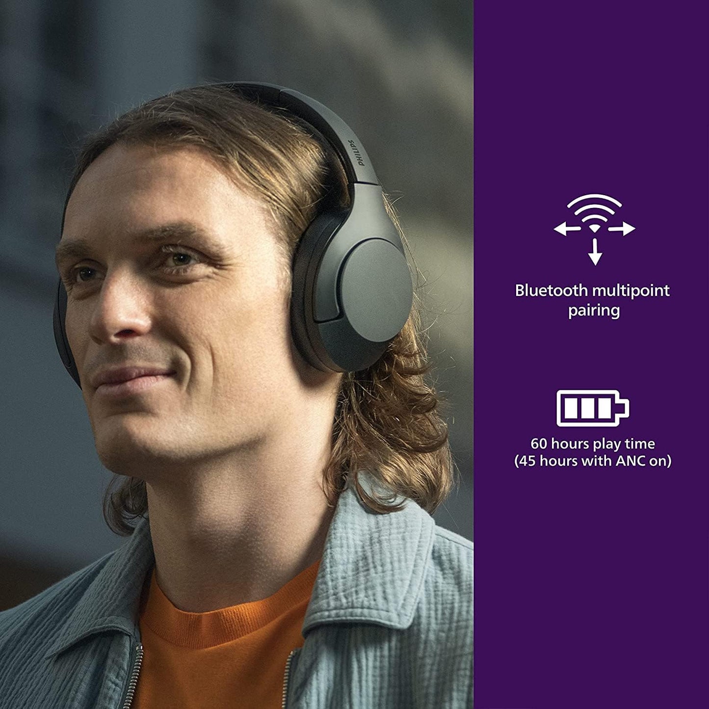 PHILIPS Wireless On Ear Headphones TAH8506BK, Sleek Design with Noise Cancellation Pro,Upto 60 Hrs of Play time, Touch Control (Black), Sensitivity: 96 dB (1K Hz)