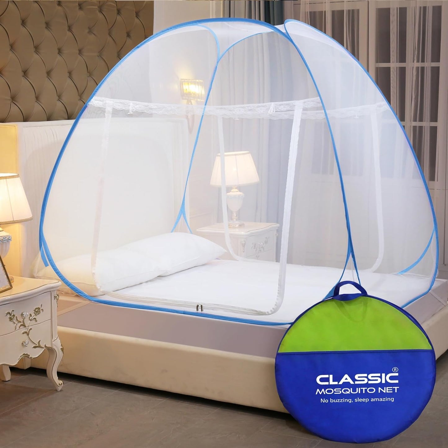 Classic Mosquito Net for Double Bed | King Size Foldable Machardani | Polyester 30GSM Strong Net | PVC Coated Corrosion Resistant Steel Wire - Blue