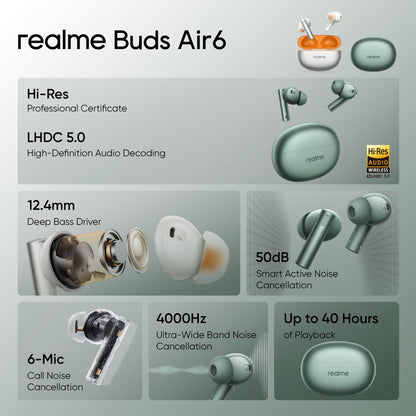 realme Buds Air 6 TWS in Ear Earbuds with 12.4 Mm Deep Bass Driver, 40 Hours Play Time, Fast Charge,50 Db ANC,Lhdc 5.0, 55 Ms Low Latency, Ip55 Dust & Water Resistant, Bluetooth V5.3 (Forrest Green)