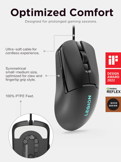 Lenovo Legion M300s RGB Wired Gaming Mouse - 8,000 DPI Adjustable Sensor, 6 Programmable Buttons & 20-Million Clicks Durability with Optimized Comfort (Black), GY51H47350