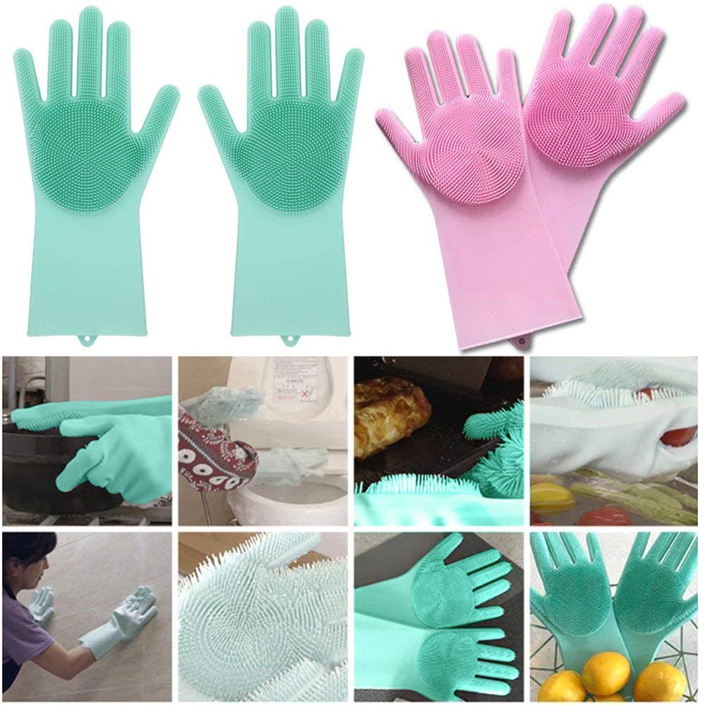 HUSB Gloves Magic Silicone Dish Washing Gloves, Silicon Cleaning Gloves, Silicon Hand Gloves for Kitchen Dishwashing and Pet Grooming, Great for Washing Dish, Car, Bathroom (Multicolour, Pack of 1)