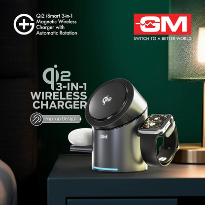 GM G+ iSmart Qi2 3-in-1 Magnetic Wireless Charger with Automatic Rotation|15W Fast Charging with Super Magnet|Pop-up Design|180° Touch Rotation|for iPhone Apple Watch Earbuds Qi2 Compatible Devices