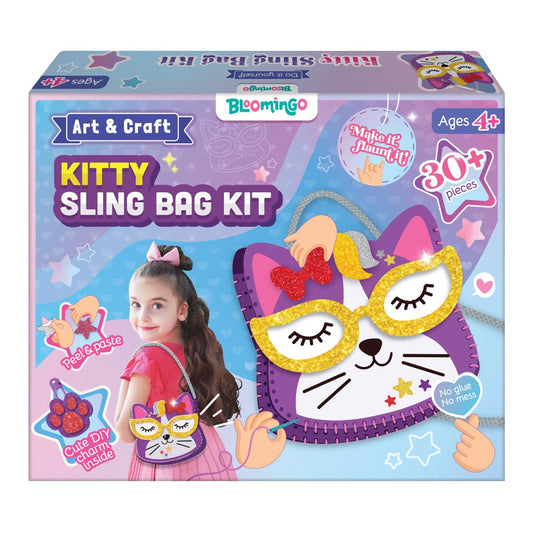 Bloomingo Art & Craft Kit - Kitty Sling Bag: Fun Mess Free Arts & Craft Kit for Kids; Design Your Own Cute DIY Craft Bag; Birthday Gift for Girls and Boys of Ages 4, 5, 6, 7, 8, 9, 10, 11, 12