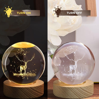 Rylan 3D Deer Crystal Globe Lamp Creative Engraved Crystal Ball Night Light USB Table LED Wooden Crystal Ball for Home Office Decoration Birthday Gift Adults (Deer 6cm)(Warm White)