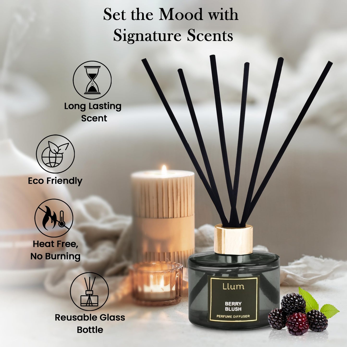 LLUM Glass Berry Blush Reed Diffuser Set|Premium Room Freshener For Living Room,Washroom,Bedroom,Office|Organic,Toxin Free Home Fragrance,Aromatherapy|Luxurious Scents|Elegant Gift|100Ml