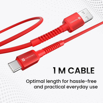 Portronics Konnect X Unbreakable Nylon Braided USB A to Type C Cable with 6Amp Output, Compatible with OnePlus, Oppo, iPhone 15, iPad & other Type C Smartphone & Devices, 1M Length (Red)