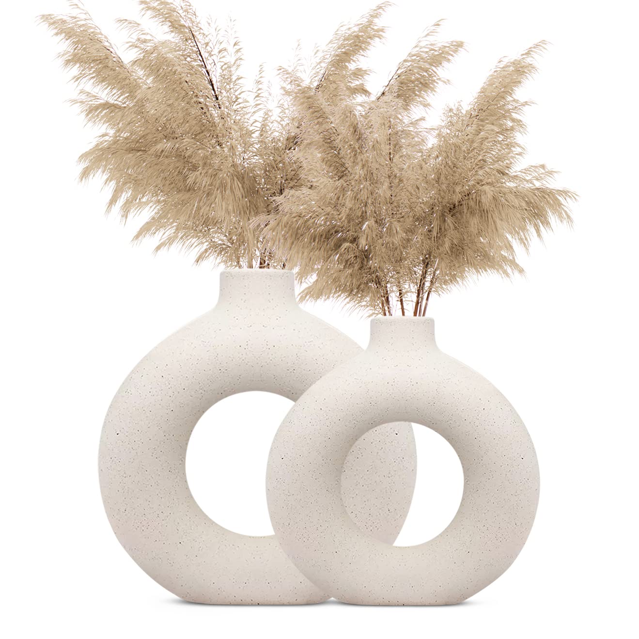 INDULGE HOMES - White Vase/Flower Vase/Pampas Grass Vase/Ceramic Vase/Round Shaped Vase/Home Decor Centrepiece/Decor Showpiece Donut Vase 6 & 8 Inches (Pack of 2)