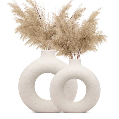 INDULGE HOMES - White Vase/Flower Vase/Pampas Grass Vase/Ceramic Vase/Round Shaped Vase/Home Decor Centrepiece/Decor Showpiece Donut Vase 6 & 8 Inches (Pack of 2)