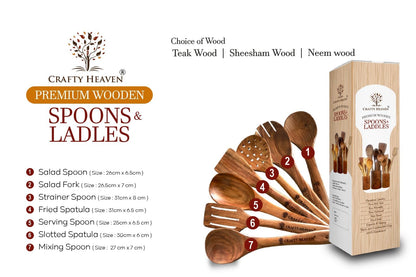 CRAFTY HEAVEN Wooden Spoon Set for Cooking Natural Sheesham Lakdi Chamach Set Handmade Kitchen Items Include Frying, Serving, Spatula, Chapati, Rice Spoons Nonstick Safe Ideal for Gifting Set of 7