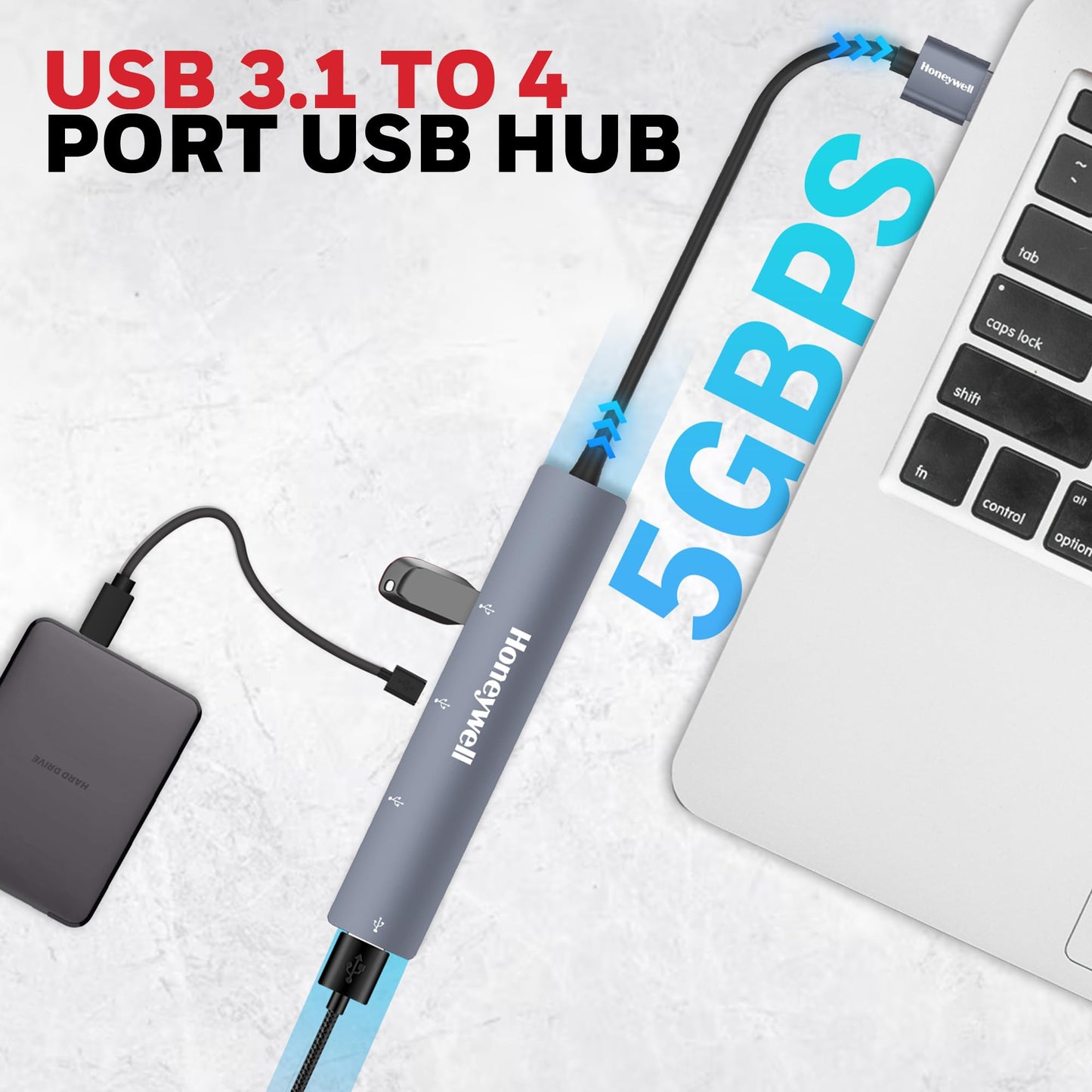 Honeywell Newly Launched 4-in-1 Ultra Slim USB Hub 1xUSB 3.0 & 3 x USB 2.0 Ports, 30cms Cable, DataTransfer Speed Upto 5GBPS,Universally Compatible with All USB,PC,Speaker,Laptop,Hard Drive etc.