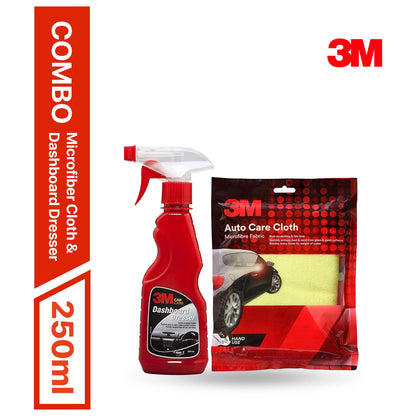 3M Combo of AS Dashboard Dresser (250 ml Spray) and Cloth | Restore Gloss on Dashboard and Other Plastic Parts | Protection from UV Rays & Fading