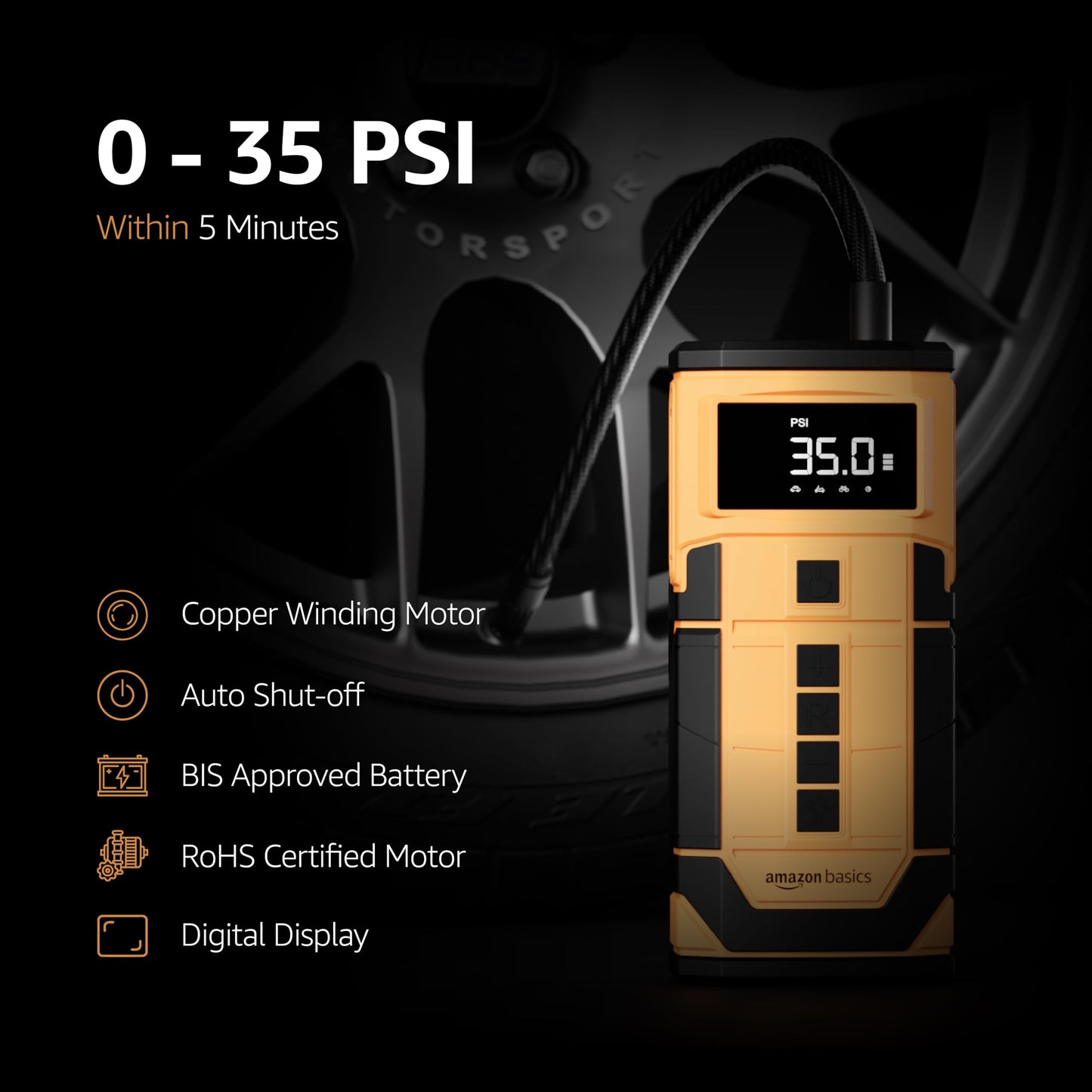 Amazon Basics 2-in-1 Digital Tyre Inflator | 150 PSI Dual-Mode Portable Air Compressor | 3x2000 mAh Battery | Copper Winding Motor | LED Light | Auto Shut-off | Multiple Nozzles for Cars, Bikes & more