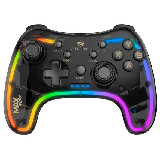 Zebronics MAX FURY Transparent RGB LED Illuminated Wired Gamepad for Windows PC, Android, with Dual analog sticks, Quad front triggers, Dual motors force, Haptic Feedback, Supports X-Input & D-Input.