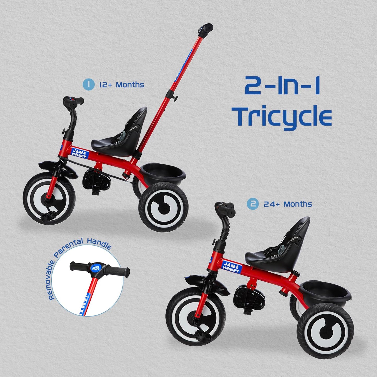 Amazon Brand - Jam & Honey Tricycle for Kids | Plug N Play | Parental Handle and Seatbelt (Red)