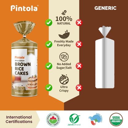 PINTOLA Organic Brown Rice Cake - All Natural (Unsalted, Pack of 1) (130 g), Gluten-Free Snack for Weight Loss, Made with 9 Wholegrains, Soy and Yeast-Free, Taste Best With Peanut Butter, Low Fat, 30 calorie per cake