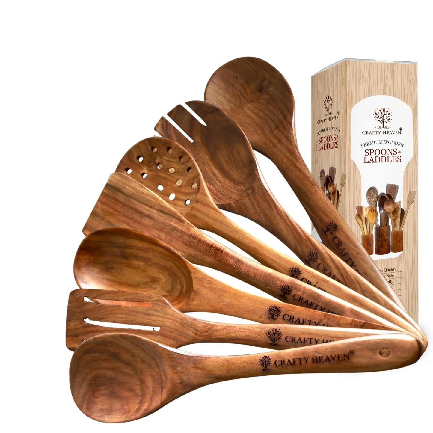 CRAFTY HEAVEN Wooden Spoon Set for Cooking Natural Sheesham Lakdi Chamach Set Handmade Kitchen Items Include Frying, Serving, Spatula, Chapati, Rice Spoons Nonstick Safe Ideal for Gifting Set of 7