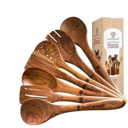 CRAFTY HEAVEN Wooden Spoon Set for Cooking Natural Sheesham Lakdi Chamach Set Handmade Kitchen Items Include Frying, Serving, Spatula, Chapati, Rice Spoons Nonstick Safe Ideal for Gifting Set of 7