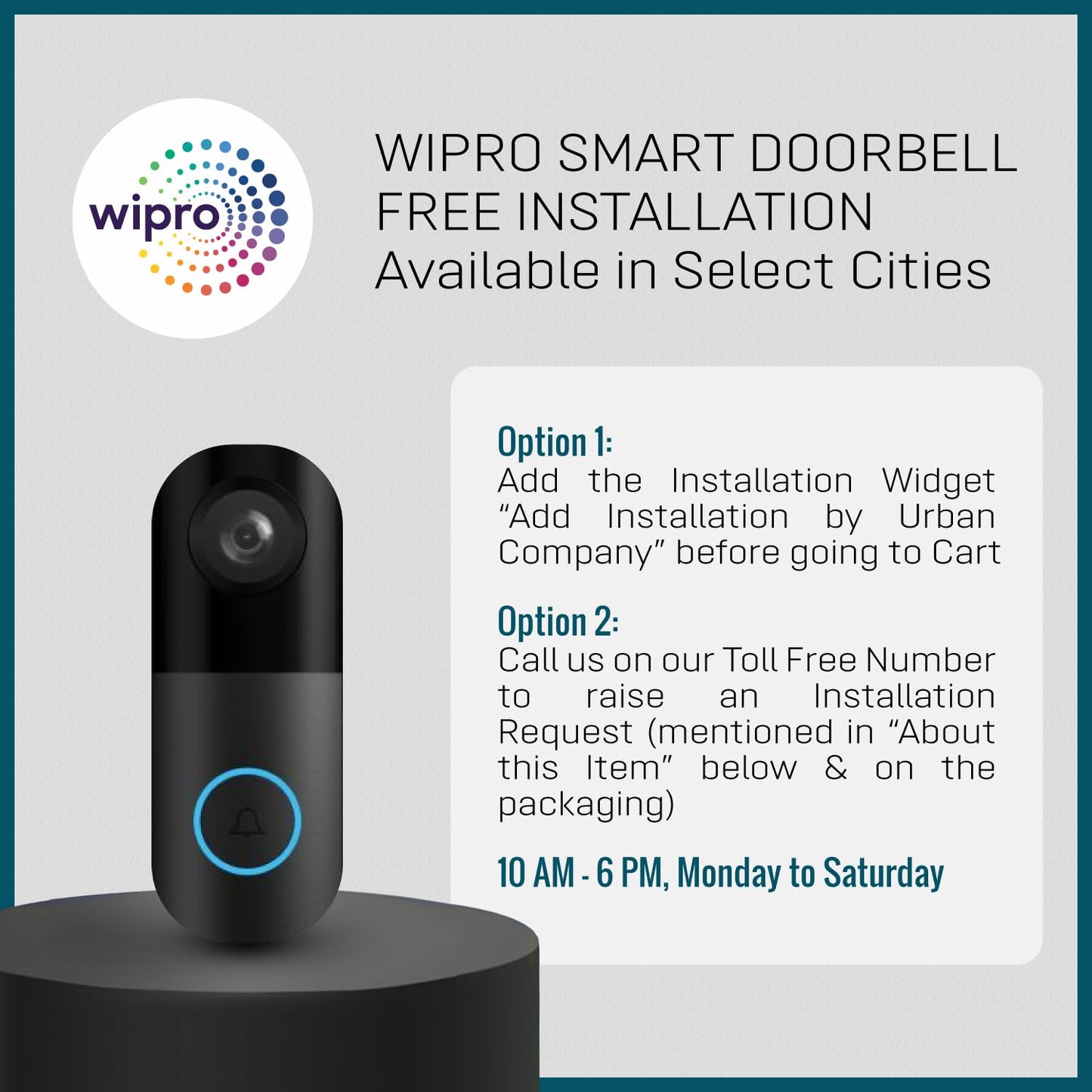 wipro Smart Wi-Fi Video Doorbell | 2 MP 1080p Full HD Camera with Night Vision | Two-Way Communication | AI Motion Detection | Indoor Chime with 50 Tunes | Rain & Dust Proof | Black