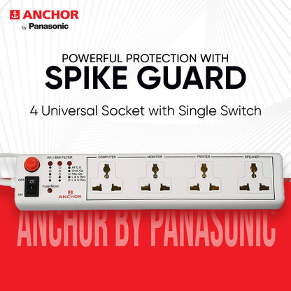 Anchor by Panasonic 4 way 6A International Socket with Single Switch | 4 Way Extension Board with 1.5 Mtr Extension Cord | Multi Plug Socket for Home Wall, Office (22047)