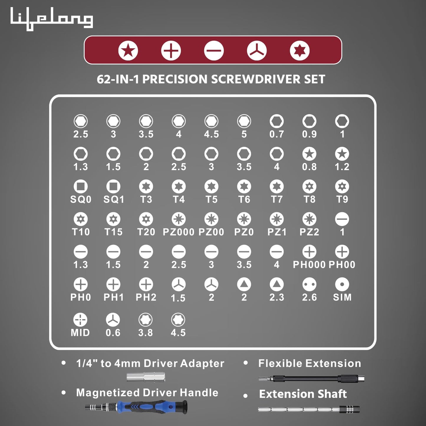Lifelong 62 in 1 Magnetic Screwdriver Set, Tool Kit for Home Use Multipurpose - Furniture & Electronic Repair | Extendable & Flexible Shaft for Hard-to-Reach Places | Laptops, Phones etc. (LLETK09)
